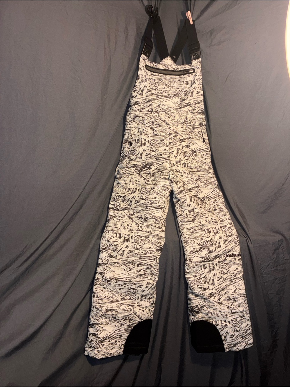 Kids Snow Bib Pants in White & Black Abstract Print